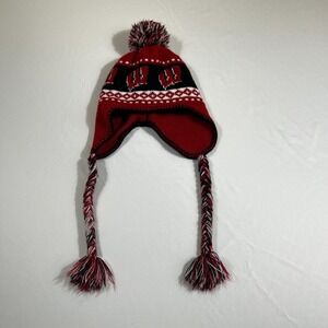 Wisconsin Badgers Knit Earflap Beanie Hat Pom Braids Red Black White 47 Twins